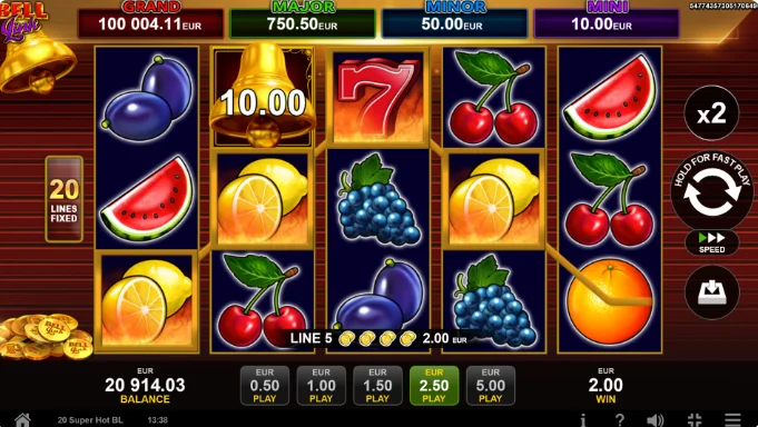 20 Super Hot Bell Link slot game reels with classic fruit symbols