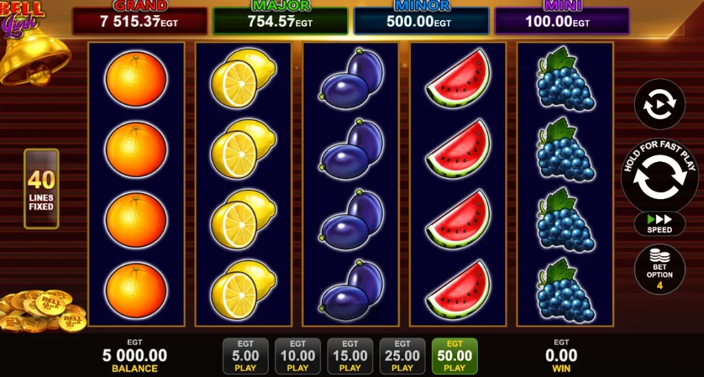 40 Super Hot Bell Link slot reels with classic fruits and Bell symbols