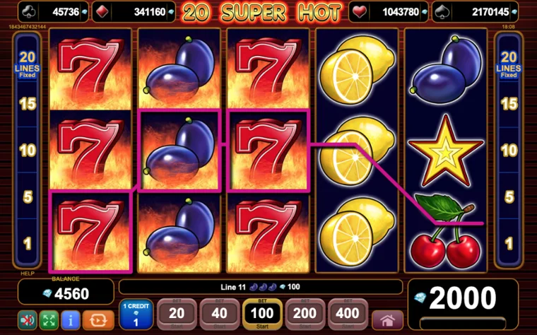 20 Super Hot slot game symbols and classic fruit icons